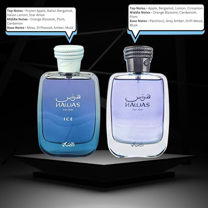 RASASI Hawas & Hawas Ice - For Him EDP Sprays 100ML (3.4 OZ) Long Lasting, Refreshing, Aquatic, Luxurious Masculine Scents. (Value Pack)