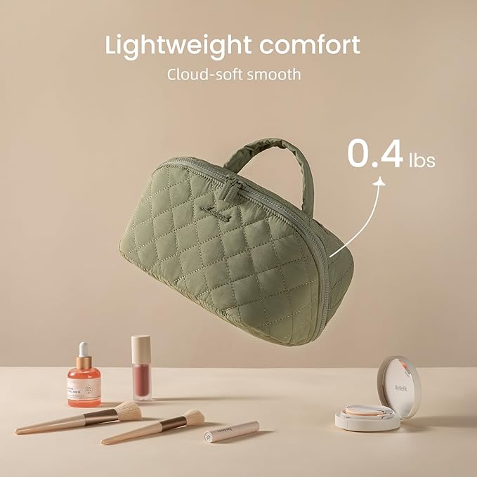 LOVEVOOK Travel Makeup Bag for Women 2Pcs Set, Large Capacity Pouch Open Flat Toiletry Bags with Divider & Handle,Puffer Waterproof Cosmetic Organizer