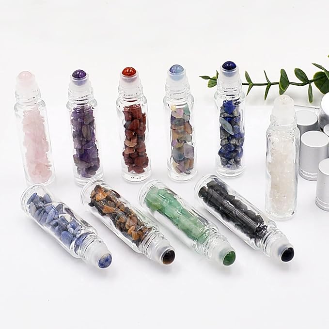 Essential Oil Roller Bottle EVA Carrying Travel Case and 10pcs Essential Oil Gemstone Roller Ball Bottles Glass Inside 10ml Healing Crystal Chips W3475