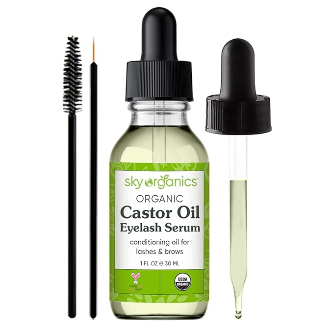 Sky Organics Organic Castor Oil Eyelash & Brow Serum, Hexane-Free Conditioning Oil that Promotes Fuller Looking Lashes & Eye Brows, 100% Pure & Cold-Pressed 1 fl. Oz. / 30 ml w ebook