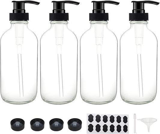 4 Pack 8 oz Clear Glass Pump Bottles, Boston Round Bottles with Pumps for Lotion, Soap, Lotions, Massage Oils, Refillable Containers with Cap, Funnel, 12 Chalk Labels, 1 Pen