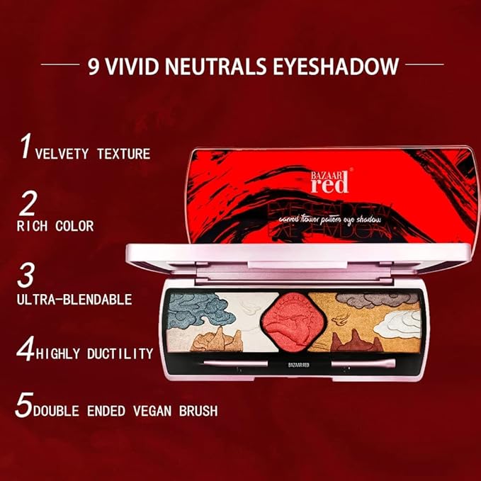 Xaena Carved Flower Pattern Eyeshadow Palette Colorful Eye Makeup in 9 Shades of Eyeshadow and Blush with Eyeshadow Brush and Makeup Mirror - Embossed Makeup Palette for Creative Looks