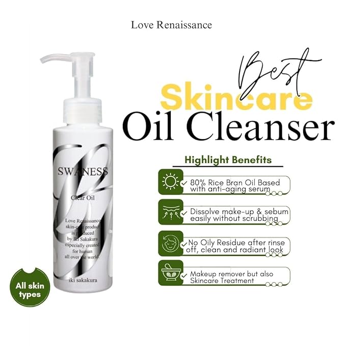 SWANESS Clear Oil – Japanese Premium Oil Cleanser with Rice Power | Anti-Aging Makeup Remover & Deep Pore Cleanser | Removes Waterproof Mascara & Sunscreen for Radiant Skin