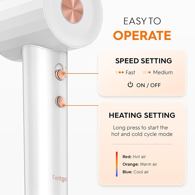 Ionic Hair Dryer, Professional High Speed Blow Dryer with Brushless Motor for Fast Drying, Low Noise, Lightweight, Thermo-Control Bowdryer for Women Home (White)