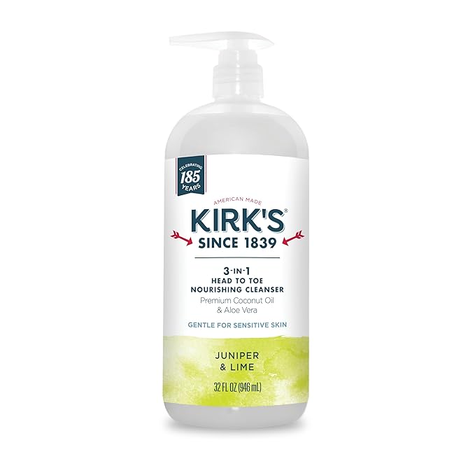 Kirk's 3-in-1 Head to Toe Nourishing Liquid Cleanser- for Men, Women & Children - Premium Coconut Oil & Aloe Vera- Non GMO & Vegan -Juniper & Lime - 32 Fl Oz
