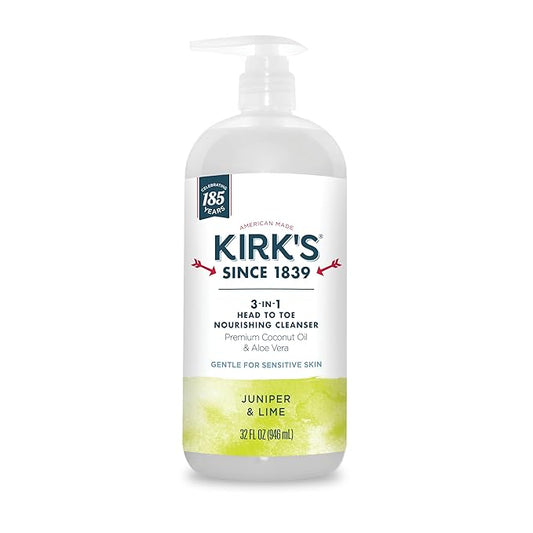 Kirk's 3-in-1 Head to Toe Nourishing Liquid Cleanser- for Men, Women & Children - Premium Coconut Oil & Aloe Vera- Non GMO & Vegan -Juniper & Lime - 32 Fl Oz
