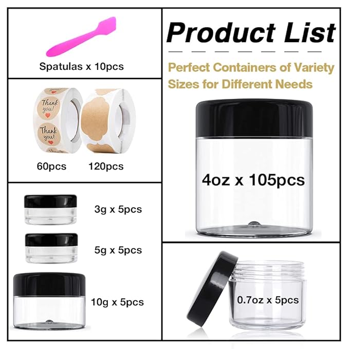4 oz Plastic Containers with Lids 105pcs Bulk Plastic Jars with Lids + 3/5/10/20 Gram 20pcs Sample Containers Travel Jar– Great for Lip Scrub, Body Butters, Cream, Slime, Craft Storage