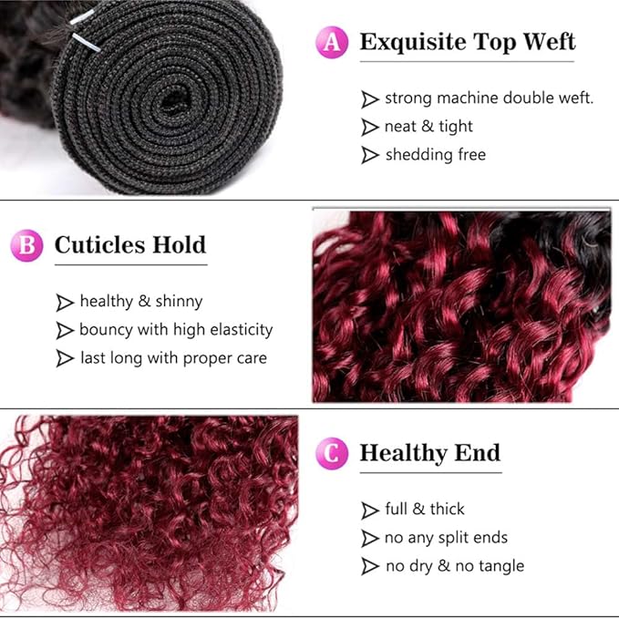 Burgundy Kinky Curky Bundles Human Hair Ombre 1B99j Curly Hair Bundles Black and Burgundy two tone Brazilian Weave Wet and Wavy for Woman 14 16 18 Inch