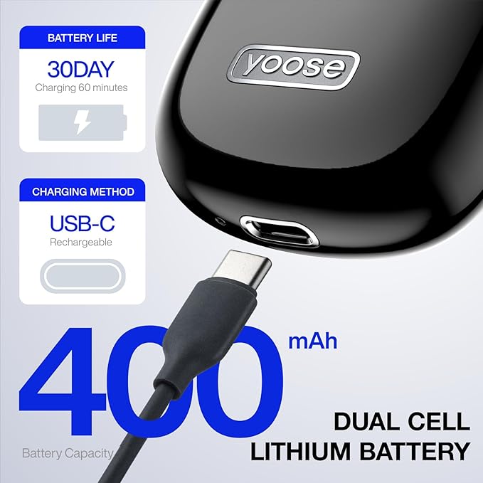 yoose Mini Electric Shaver, Alloy Portable Travel Shavers, Cordless Shaving, USB-C Rechargeable Electric Razor for Men, Dry Shave, IPX7 Waterproof, Detachable Head, Easy Cleaning, Black