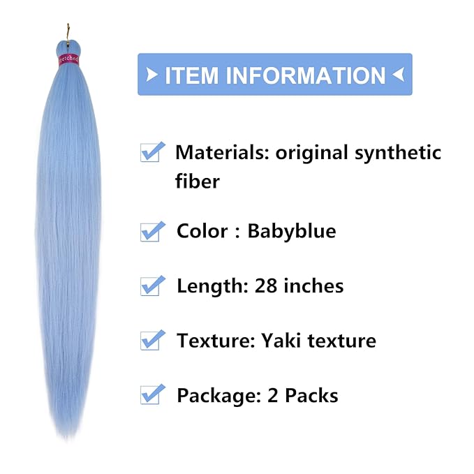 Baby Blue Braiding Hair Extension, 28 Inches Pre Stretched Braiding Hair for hair Braids,2 Packs Yaki Texture Synthetic Braid Hair