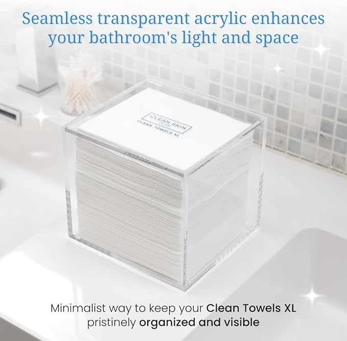 CLEAN SKIN CLUB Clear Acrylic Box for Clean Towels XL (NOT Included), Container For 50 Disposable Clean Towels XL, Face Towelettes Bathroom Counter Storage, Stone Bin for Cleansing Facial Dry Wipes
