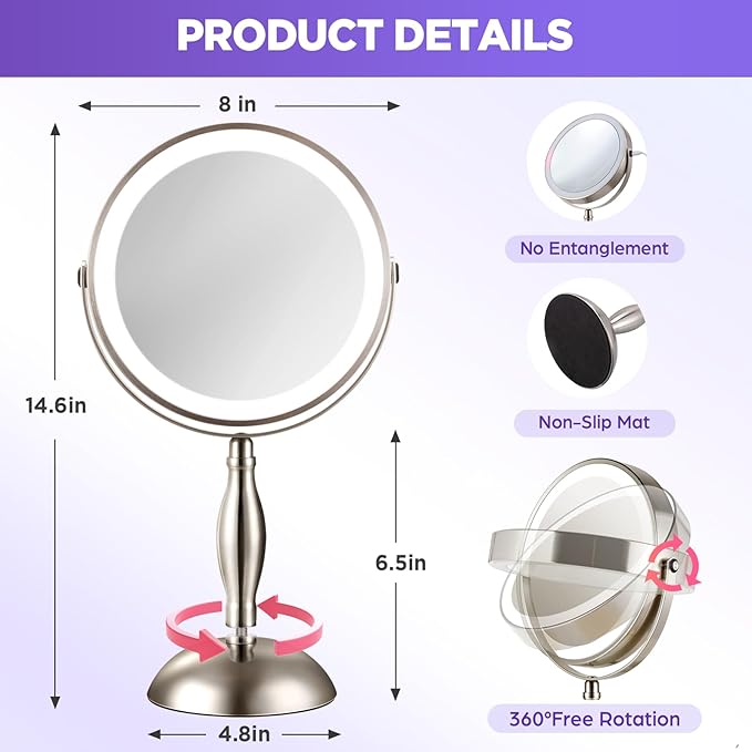 20x Magnifying Mirror with Light, Lighted Makeup Mirror with 3 Color Dimmable Adjustable Mirror, Side Charging Port & SideTouch Sensor, 360° Rotation Double Sided Standing Desk Mirror-Brushed Nickel