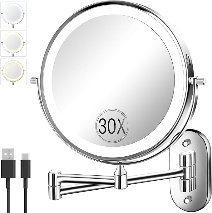 30X/1X Wall Mounted Lighted Makeup Mirror, 8'' Double Sided Rechargeable Magnifying Bathroom Mirror with Light, 3 Color Lights Touch Dimmable Extended Arm 360 Rotation Light up Mirrors