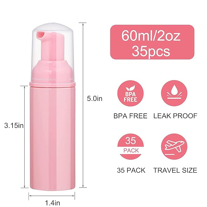 50 pcs 2oz/60ml Foam Pump Bottle Lash Shampoo Bottles Travel Foam Pump Bottle Empty Pink Plastic Refillable Mini Soap Dispenser for Hand Sanitizer Liquid (Pink)