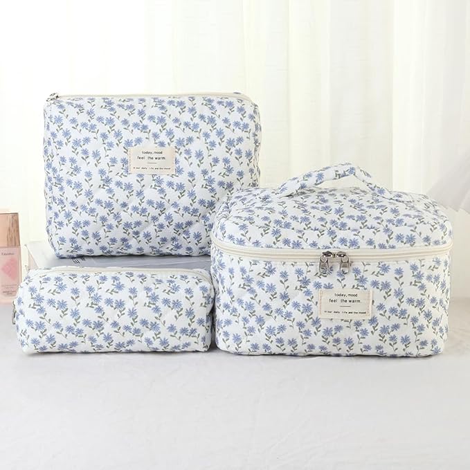 Makeup Bag, 3 PCS Quilted Makeup Bag, Cute Floral Cotton Cosmetic Bag set, Coquette Makeup Pouch Large Travel Toiletry Bag