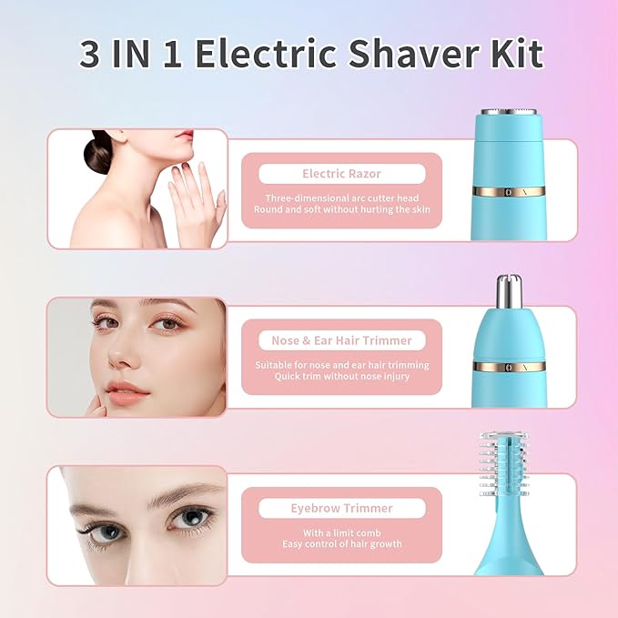 Nose Hair Trimmer for Men and Women, Eyebrow Trimmer, Electric Shaver Razor 3 in 1, Portable, Waterproof and Rechargeable for Ears, Face, Legs (Blue Pink)
