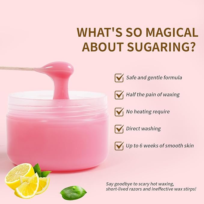 Sugar Wax Kit Suagring Kit: 150g/5.3oz Organic Sugaring Paste for Bikini & Sensitive Skin Hair Removal - Includes 10 Sticks & 20 Wax Strips (Rose)