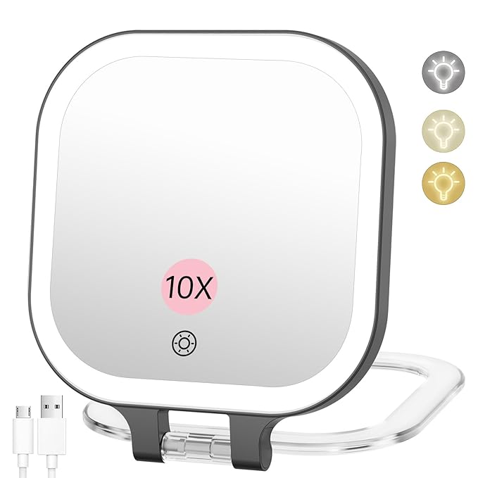 FASCINATE 10X Magnification Rechargeable Travel Makeup Mirror, Lighted Portable Vanity Mirror with 3 Colors Lighting & Stepless Dimming, Double Sided LED Mirror, Gift for Women (Black)