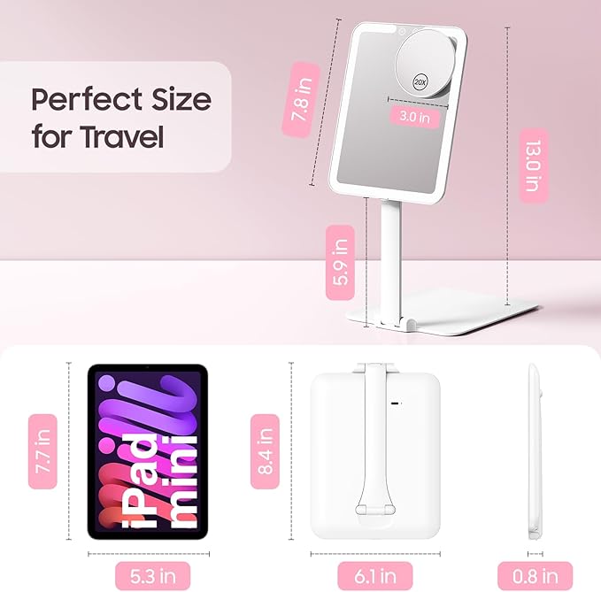Benbilry Foldable Travel Makeup Mirror with Lights and 20X Magnification, Rechargeable Tabletop LED Vanity Mirror with Adjustable Stand, 3-Colored Dimmable Lighting, Portable Cosmetic Mirror, White