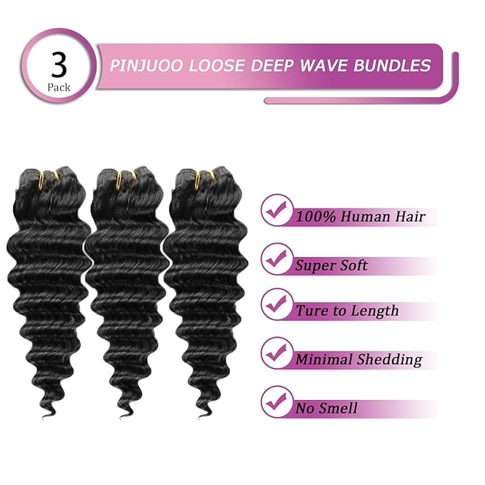 Loose Deep Wave 3 Bundles Human Hair 100% Unprocessed Virgin Brazilian Weave Hair Bundles 16 18 20 Inch Raw Wavy Bundles Human Hair Extensions Natural Black Color for Women