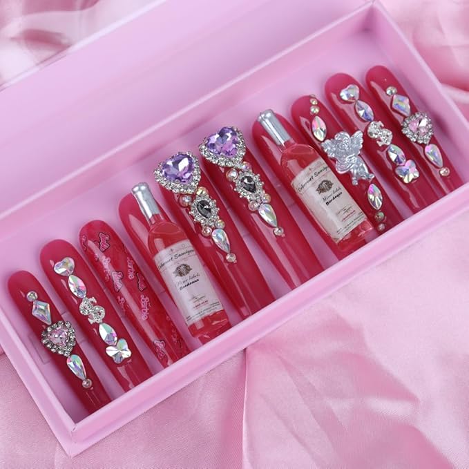 Handmade 3D Extra Long Tips Acrylic Rose Wine Bar Colorful Press On Nails,Salon False Nails with Design Nail Art Gifts for Women and Girls,Reusable Stick On Nails 10Pcs,Size M