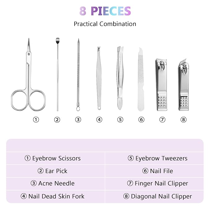 Lasnten 24 Set Manicure Set Bulk Nail Clippers Grooming Nail Kit Stainless Steel Professional Pedicure Kit Pedicure Tools with Travel Case Gifts for Men Women Personal(8 in 1,Laser)