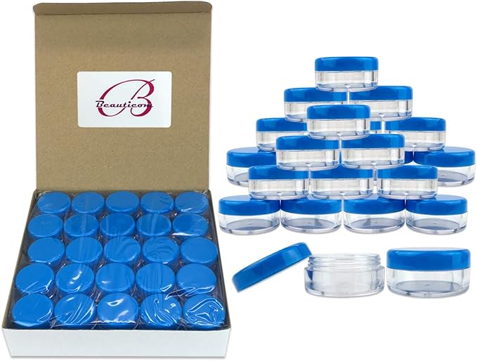 Beauticom (Quantity: 100 Pieces) 5G/5ML Round Clear Jars with Blue Lids for Scrubs, Oils, Toner, Salves, Creams, Lotions, Makeup Samples, Lip Balms