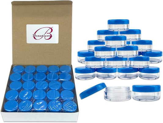 Beauticom (Quantity: 100 Pieces) 5G/5ML Round Clear Jars with Blue Lids for Scrubs, Oils, Toner, Salves, Creams, Lotions, Makeup Samples, Lip Balms