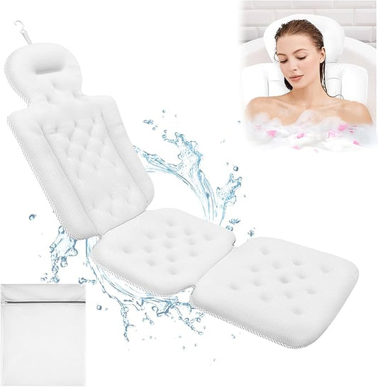 Luxury Full Body Bath Pillow for Bathtub, Bath Pillows for Tub with Mesh Laundry Bag & Non-Slip Suction Cups, Cushion for Bathtub Headrest Neck Back Support - 5D Air Mesh & Quick Drying | White