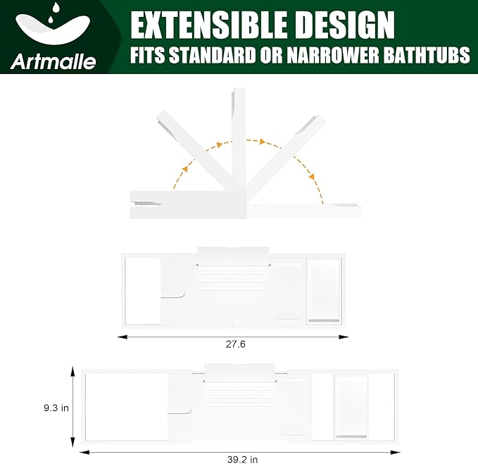 Artmalle Foldable Bathtub Caddy Tray for Tub, Bamboo Bathtub Tray Table with Book Holder for Home Spa Relax, Bathroom Accessories for Women Men with Free Soap Dish (Semi-Simple, White)