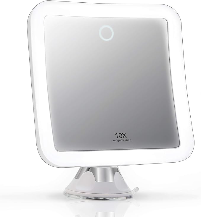 Fancii Rechargeable 10x Magnifying Mirror with 3 LED Light Settings, Dimmable Touch Light, Cordless, Locking Suction Mount, Lighted Mirror for Bathroom or Travel, Mira 2 (White)