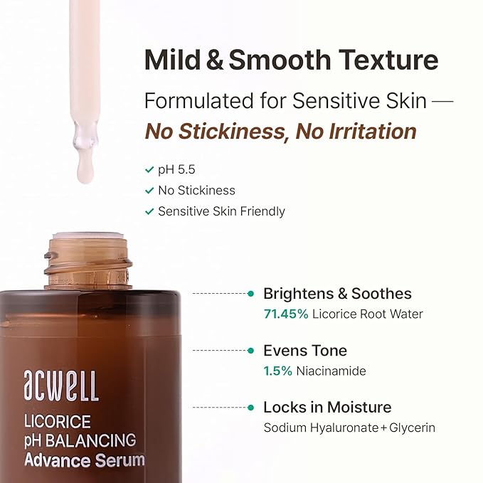 ACWELL Licorice pH Balancing Advanced Facial Serum Ampoule 1.01 fl.oz. - Radiance and Dark Spot care Face Serum for Dull Skin, Reduces Acne and Blemishes, Minimizes Fine Lines, Healthy Glow Skin