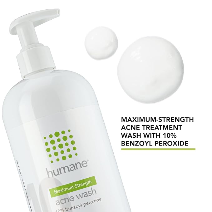 humane Benzoyl Peroxide Acne Body Wash - 10% Maximum-Strength Acne Treatment for Face, Skin, Butt, Back and Body - 16 Fl Oz - Dermatologist-Tested Non-Foaming Cleanser - Vegan, Cruelty-Free