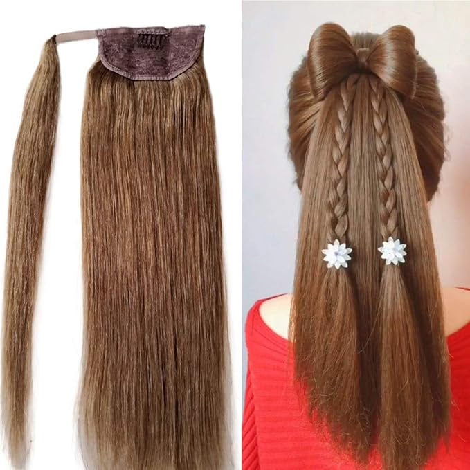Ponytail Hair Extensions Remy Hair Ponytail Extension Clip in Hair Extensions Wrap Around Ponytail Hair Extensions Ash Brown Human Hair 16 inch Ponytail Natural Hair Extensions Straight for Women 80G