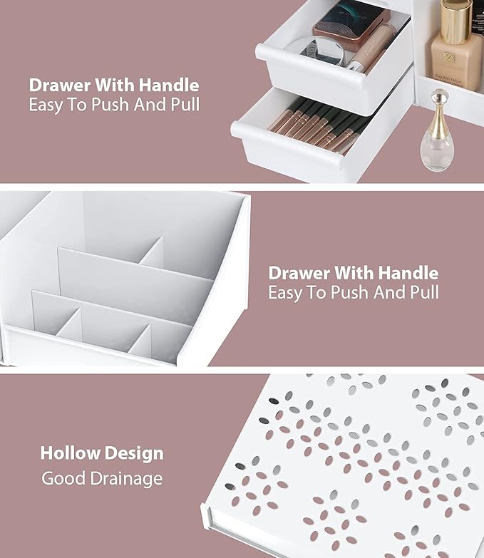 Makeup Desk Cosmetic Storage Box Organizer with Drawers for Dressing Table, Vanity Countertop, Bathroom Counter, Elegant Vanity Holder for Brushes, Eyeshadow, Lotions, Lipstick and Nail Polish