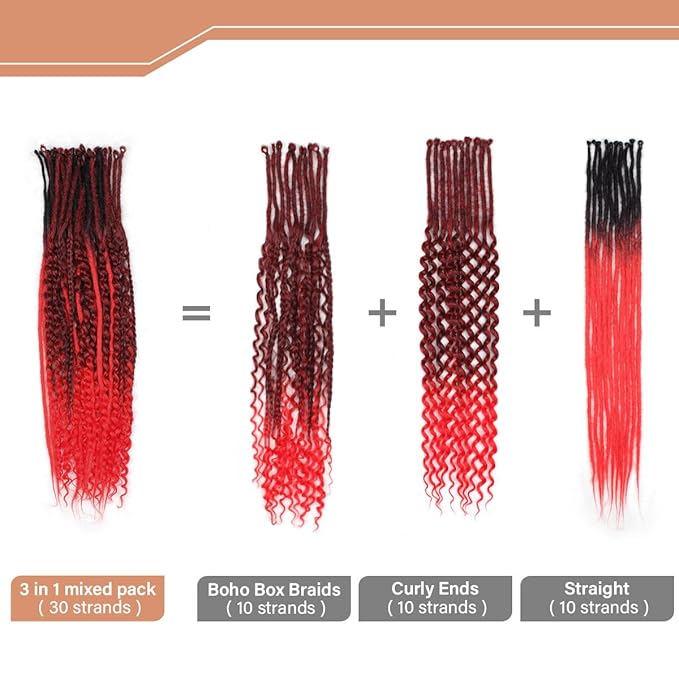 24 Inch 30 Strands SE Dreadlock Extensions Sets，3 In 1 Mixed Synthetic Dreads Extensions, Ombre Deep red Straight&Curly&Boho Handmade Dreads Hippie Style Dreadlocks for Woman