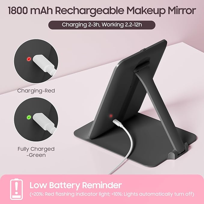 Benbilry Foldable Travel Makeup Mirror with Lights and 20X Magnification, Rechargeable Tabletop LED Vanity Mirror with Adjustable Stand, 3-Colored Dimmable Lighting, Portable Cosmetic Mirror, Black