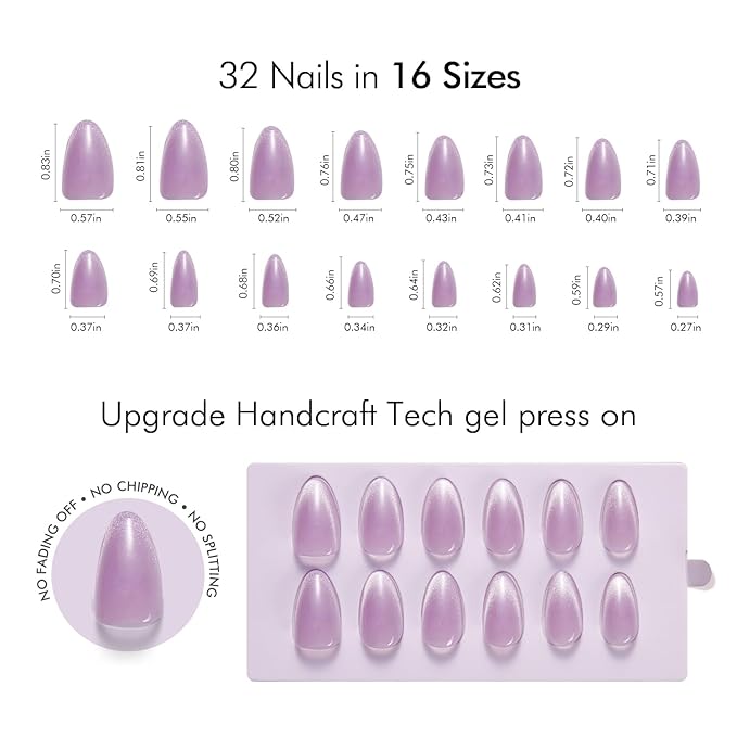 VSALON Press On Nails Short Almond Purple Cat Eye Fake Nails with Extra UV Glue Kit, 28-Days Salon-Strong No Pop-Off, Reusable Semi-transparent Fake Nails - 32 PCS in 16 Sizes (Misty Purple)