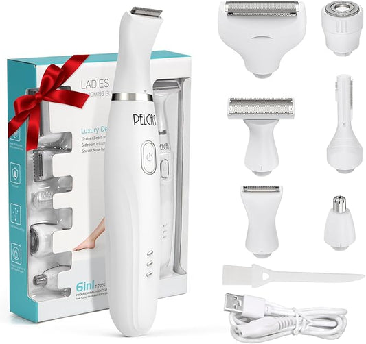 PELCAS Bikini Trimmer for Women Kit 6 in 1 Electric Shaver, Cordless Razors, Nose Hair Trimmer, Shaver for Women & Men Pubic Hair, Private Area, Legs, Face, Nose, Eyebrow, Body Hair Removal