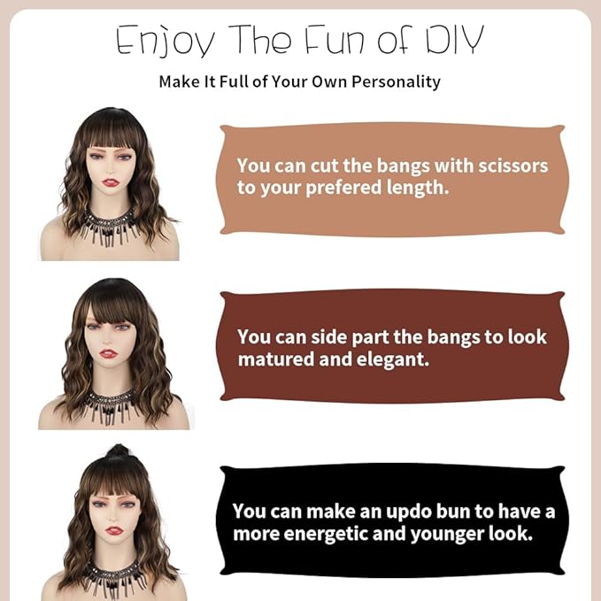 AISI HAIR Synthetic Curly Bob Wig with Bangs Natural Brown with Blonde Highlight Short Wavy Hair for Women Natural Looking Heat Resistant Bob Wigs