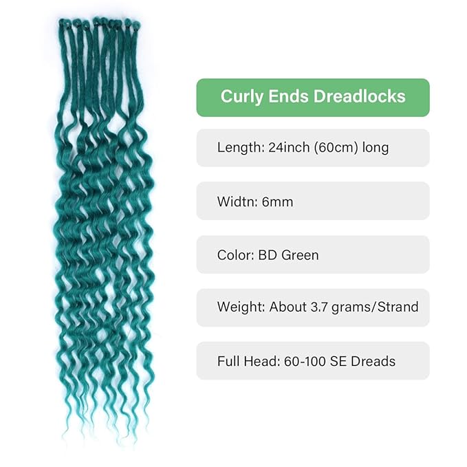 24 In 30 Strands Curly Dreadlock Extensions, Castleton Green Synthetic Single Ended Dreads Extensions, 100% Handmade Dreads Hippie Style Dreadlocks for Woman
