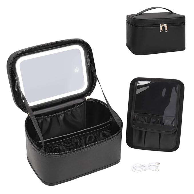 OCHEAL Makeup Bag With LED Mirror, Travel Makeup Bag With 3 Color Setting Light Up Mirror Cosmetic Makeup Organizer Vanity Case for Women Beauty Tools Accessories Rechargeable Makeup Travel Bag-Black