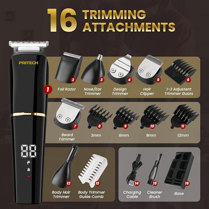 PRITECH Beard Trimmer for Men,6 in 1 Hair Clippers Kit, Precision Cordless Grooming Kit Waterproof IPX6 for Beard, Hair, Body, Nose, Ear, with Foil Razor (Black)