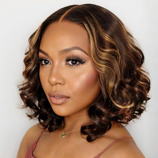 ISEE Wear Go Glueless Wigs Human Hair Pre Plucked Pre Cut Short Bob Body Wave Lace Front Wigs Human Hair for Women Upgraded Glueless Bob Wig 7x5 HD Lace Closure Wigs (Highlight Ombre, 12 Inch)