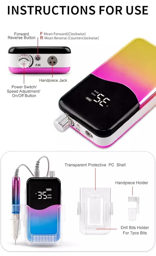 M Mase- Professional Nail Drill Machine - 2-in-1 Nail File - Cordless, 35000 RPM, HD Display - Gift for Her - Electric Nail Drill for Professional & Home Use (Metallic Gold)