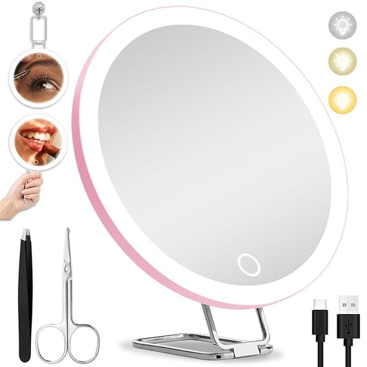20X Magnifying Mirror with Lights, 6inch Makeup Magnified Mirror 20x Lighted Travel Magnification with 3 Suction Cups and 360° Adjustable Stand- Includes Tweezers & Scissors