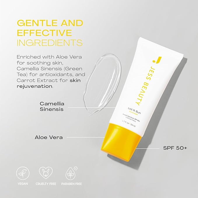 JESS BEAUTY | Let it Sun 50+ Sunscreen Green Tea & Aloe Extract | Skincare Sun Protection 1.7 fl oz
