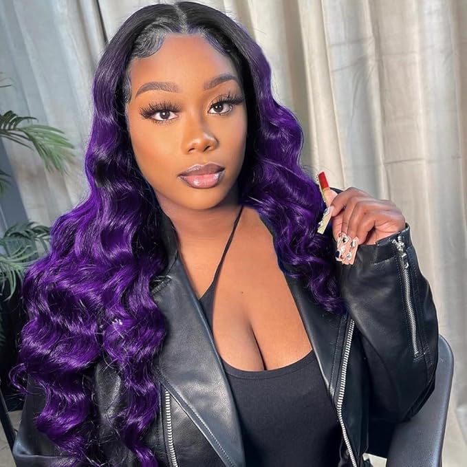 Purple Ombre Bundles with Closure Body Wave Human Hair Weave, Brazilian 3Bundles with Free Closure Virgin Remy Hair Ombre 1b/purple 2 Tone Wavy for Women (141618+12"closure, 1b/Purple)