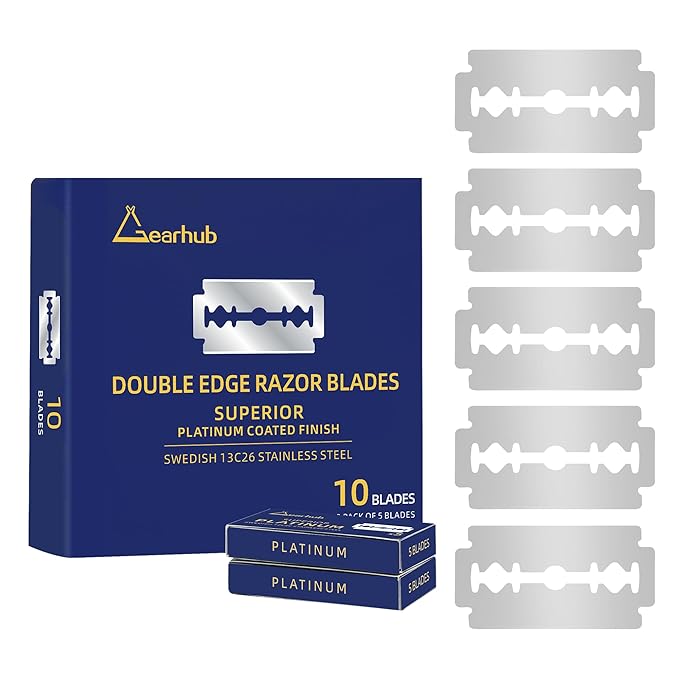 Premium 10 Count Double Edge Safety Razor Blades Refills Swedish 13C26 Stainless Steel Platinum Coated, Mild to Medium Sharpness for Smooth Shaves