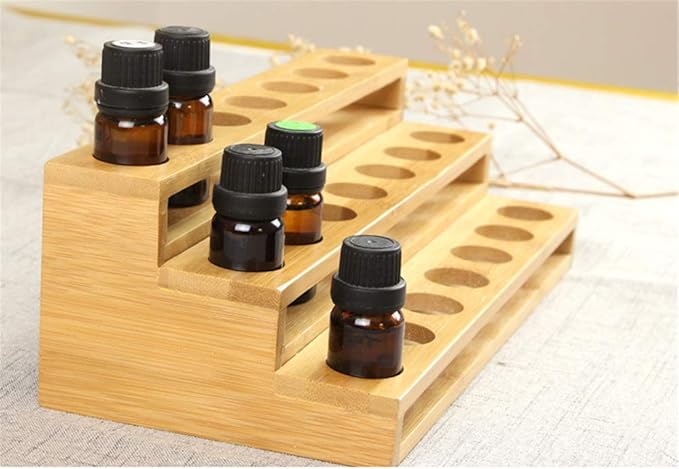 Pure Vie 3 Tier Essential Oil Bottles Wooden Storage Display Stand Travel Display Presentation Holder, Cosmetic Aromatherapy Organizer Rack Nail Polish Fragrance Container - Holds 18 Slots (30 ml)